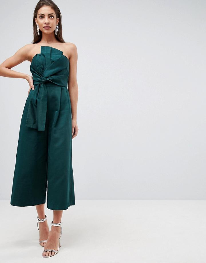 Asos Jumpsuit In Structured Fabric With Knot Front And Drape Detail - Green