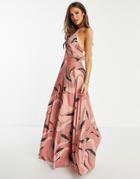 Asos Design Ruched Bust Halter Pleated Maxi Dress In Geo Print-multi