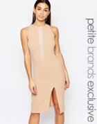 John Zack Petite Sleeveless Pencil Dress With Front Mesh Insert - Tan