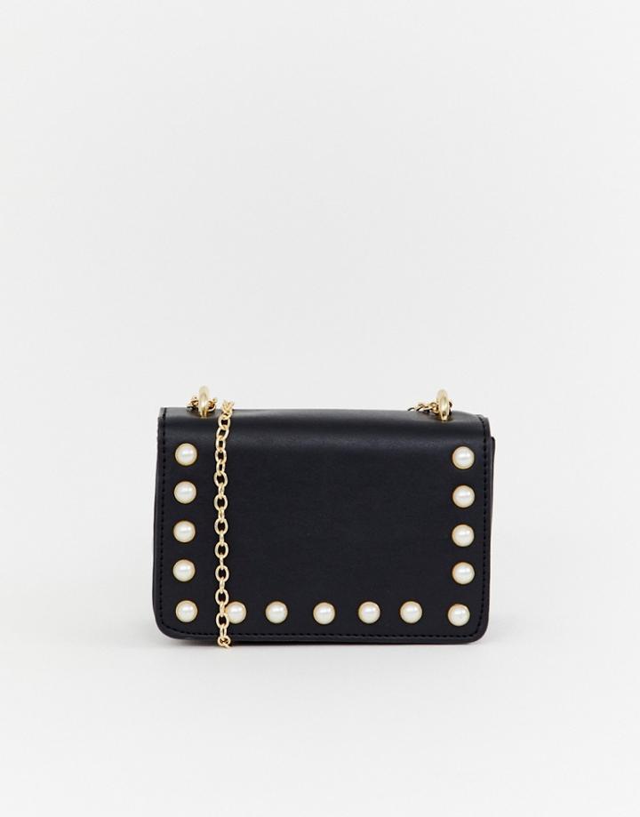 Yoki Faux Pearl Embellished Mini Cross Body Bag - Black