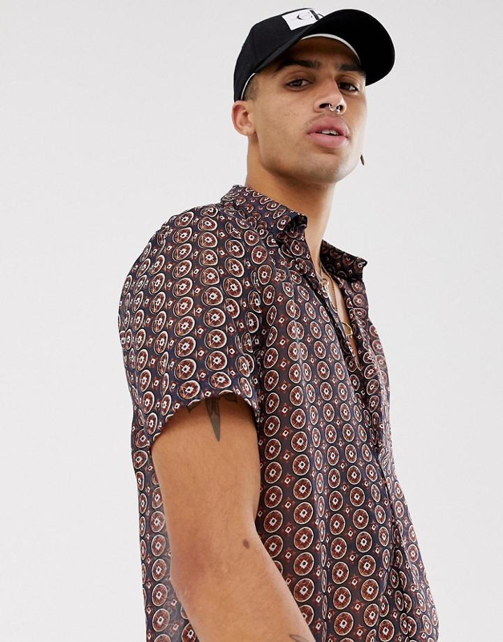 Asos Design Regular Fit Overhead Sheer Shirt In Geo Print - Navy