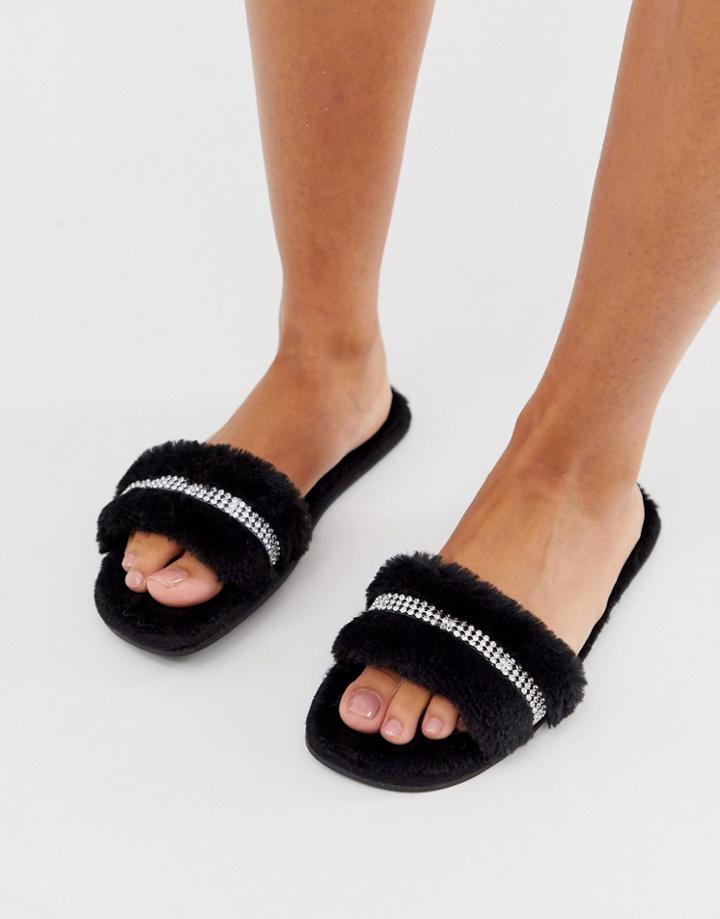 Asos Design Zadie Embellished Fluffy Slider Slippers In Black