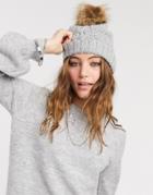 Boardmans Cable Knitted Hat With Faux Fur Pom In Gray-grey