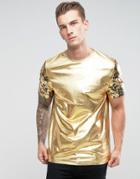Asos Longline T-shirt With Floral Sleeves In Gold Foil - Gold