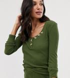 Asos Design Tall Mix & Match Lounge Ribbed Long Sleeve Top With Buttons-green