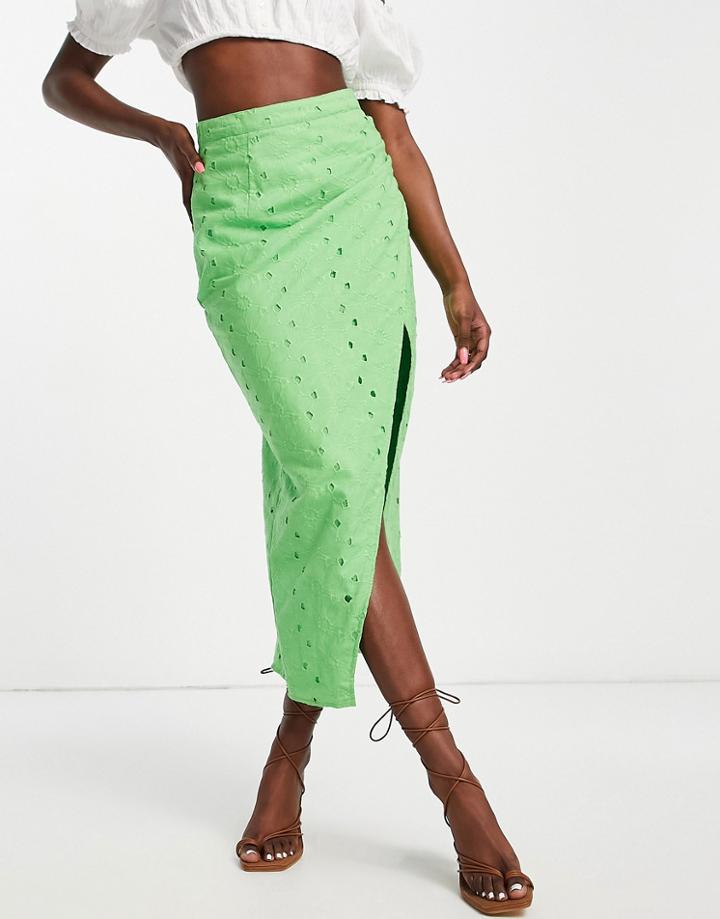 Asos Design Broderie Midi Skirt With Ruched Side Slit In Bright Green