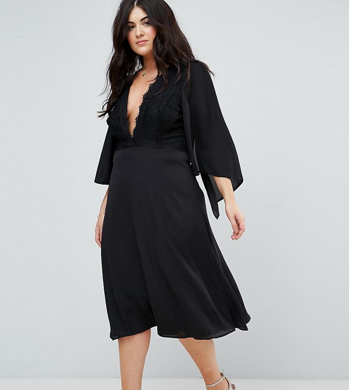 John Zack Plus Lace Midi Dress With Cape Detail - Black