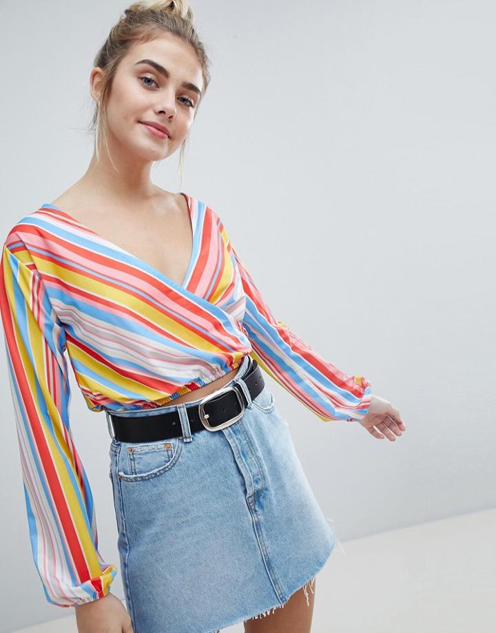 Asos Design Long Sleeve Wrap Top In Stripe - Multi