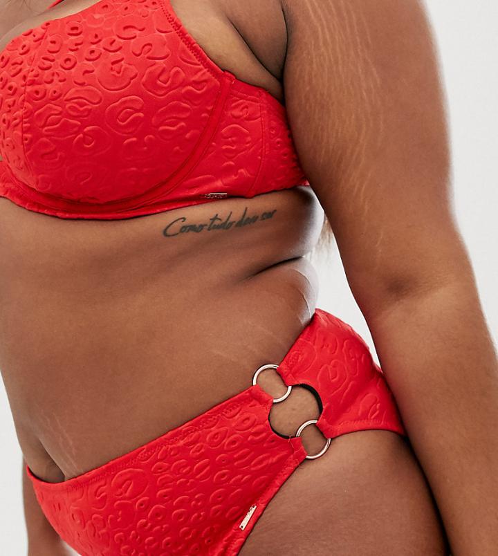 Figleaves Curve High Leg Bikini Bottom With Ring Detail In Embossed Red Leopard