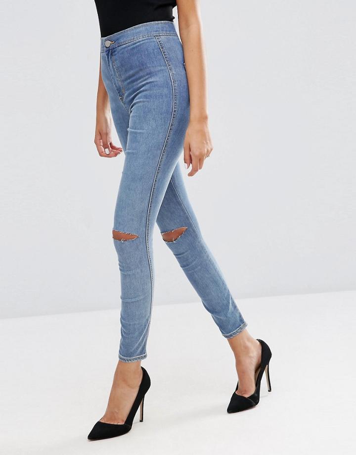 Asos Rivington High Waist Denim Jeggings In Sepik Wash With Rips - Blue