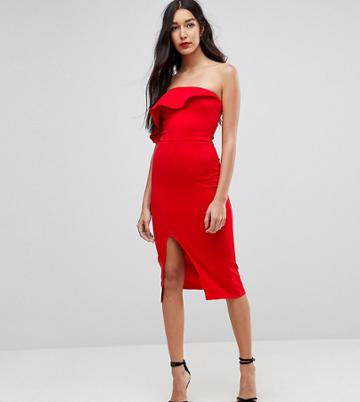 True Violet Tall Structured Bandeau Dress With Frill Detail And Side Split - Red