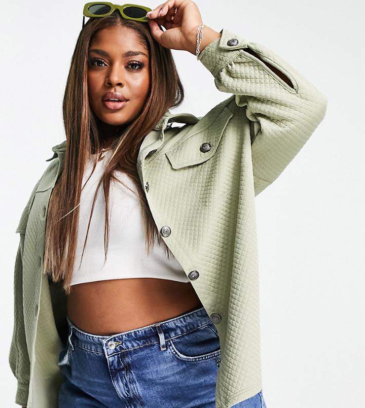 River Island Plus Button Up Shacket In Khaki-green