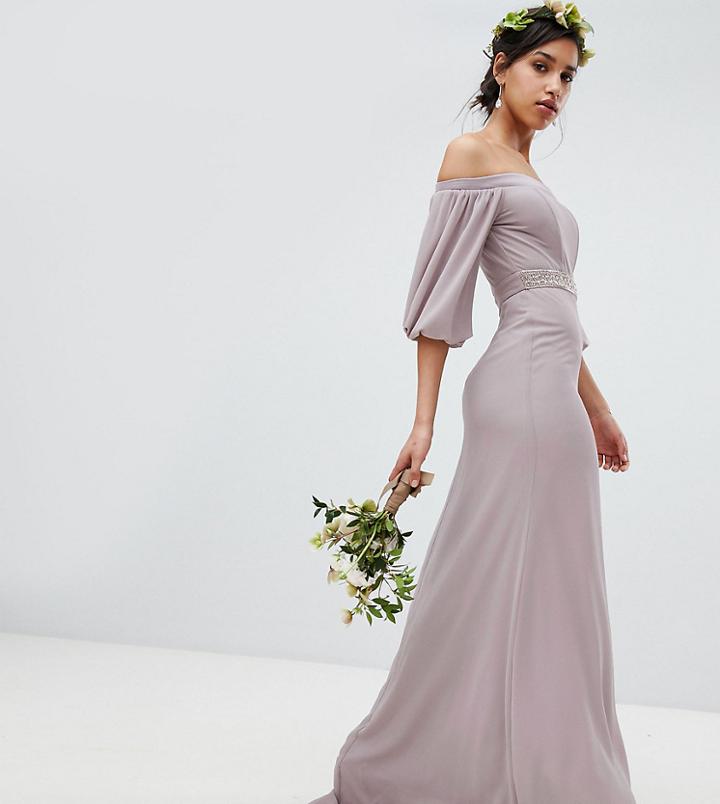 Tfnc Bardot Maxi Bridesmaid Dress With Sleeve Drama And Embellished Waist-gray
