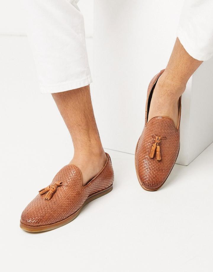 Walk London Chris Woven Tassel Loafers In Tan Leather-brown