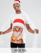 Asos Tall Holidays Longline T-shirt With Cat Print - White
