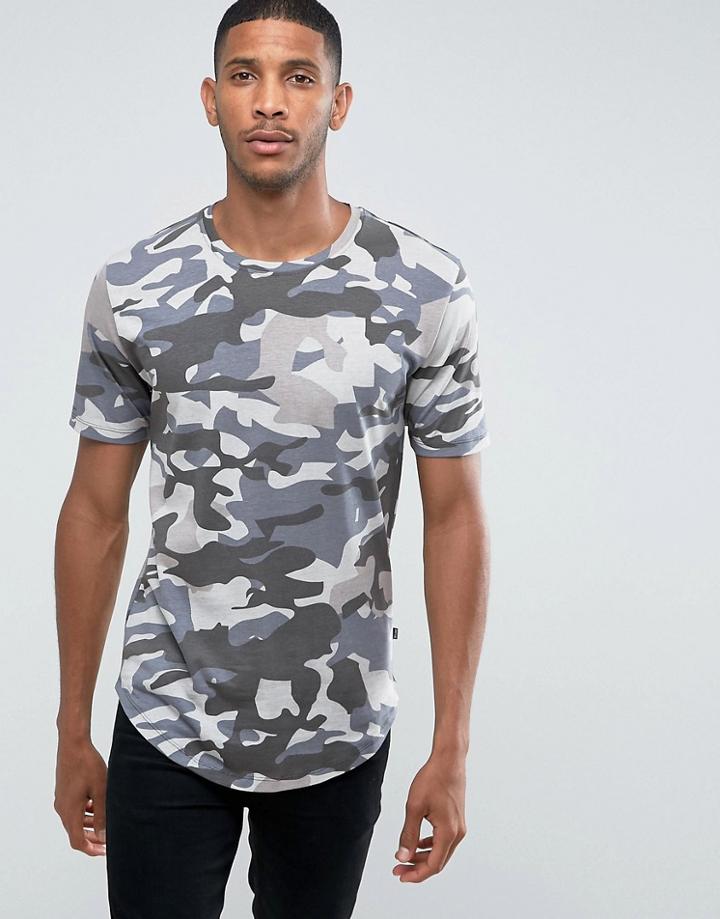 Only & Sons Longline T-shirt In Camo Print - Navy