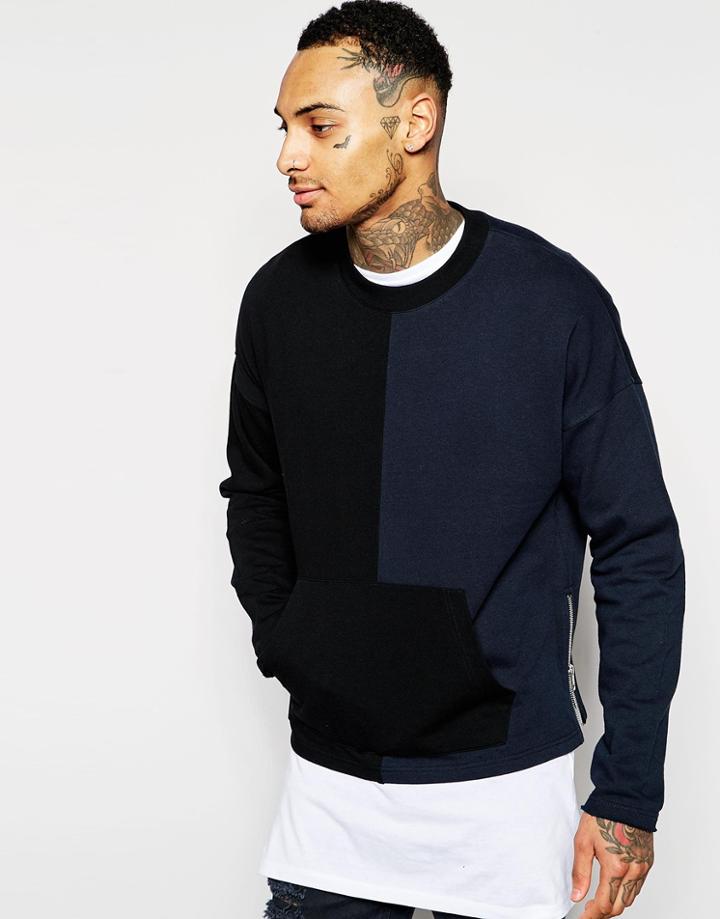 Asos Oversized Cropped Cut & Sew Sweatshirt With Zips - Black