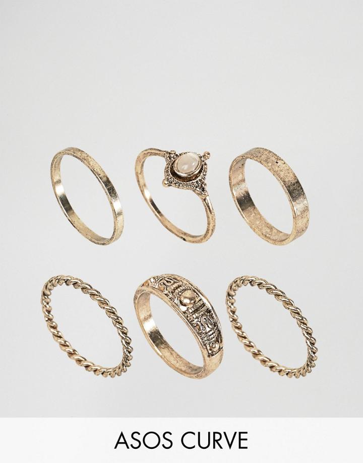 Asos Curve Pack Of 6 Moonstone Festival Ring Pack - Gold
