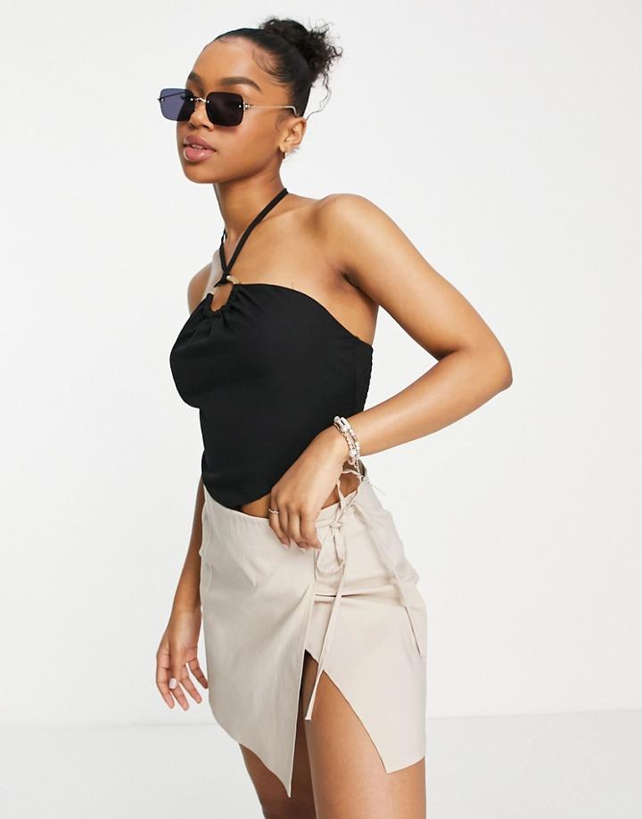 Lola May Ring Front Halter Neck Crop Top In Black