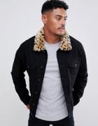 Asos Design Denim Jacket With Leopard Print Faux Fur Collar - Black