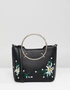 Park Lane Embroidered Floral Crossbody Bag With Hardware Handle - Black
