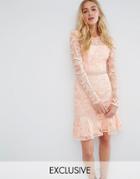 True Decadence Tall Allover Premium Lace Skater Dress With Fluted Hem - Pink