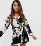Asos Design Petite Bamboo Print Velvet Mini Wrap Dress-multi