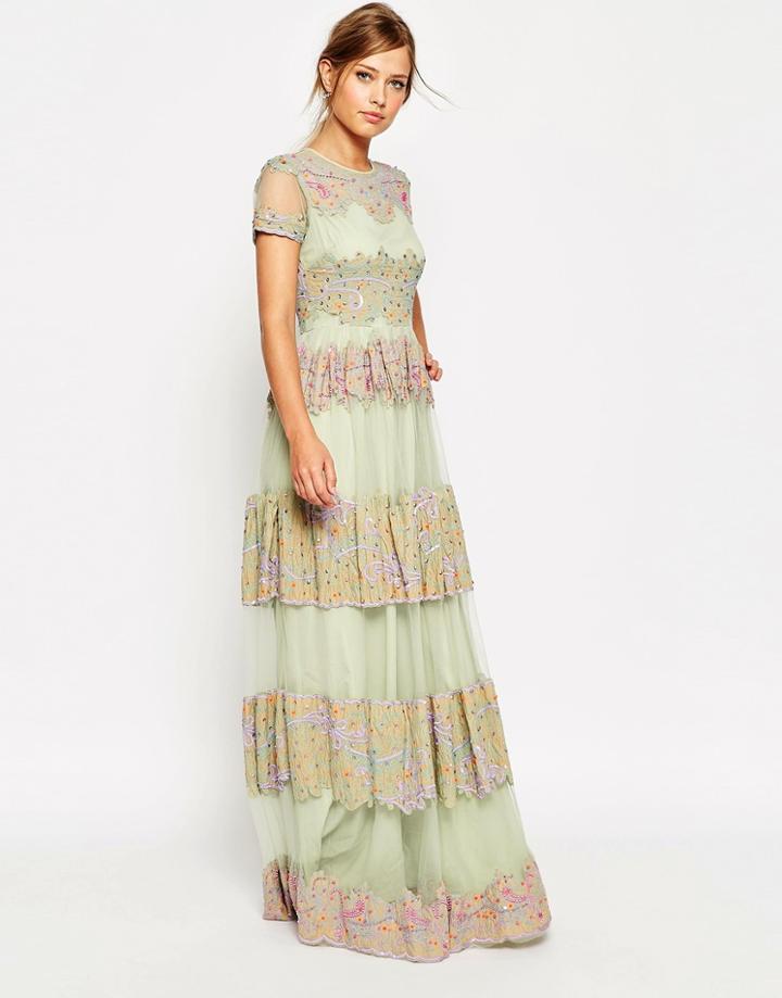 Asos Salon Lace And Embroidered Panel Maxi Dress - Green