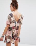 Motel Dress With Button Up Back In Patchwork Floral Print - Pink