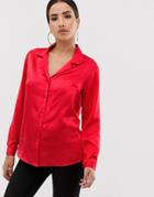 Asos Design Relaxed Satin Long Sleeve Shirt - Red