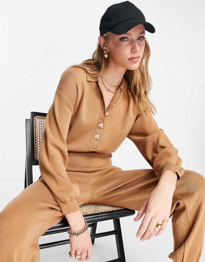 Pretty Lavish Balloon Sleeve Collared Knit Jumpsuit With Buttons In Brown