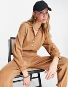 Pretty Lavish Balloon Sleeve Collared Knit Jumpsuit With Buttons In Brown