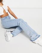 Pull & Bear Straight Leg Jeans With Raw Waist Detail In Blue-blues
