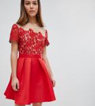 Little Mistress Petite Lace Top Mini Prom Dress-red