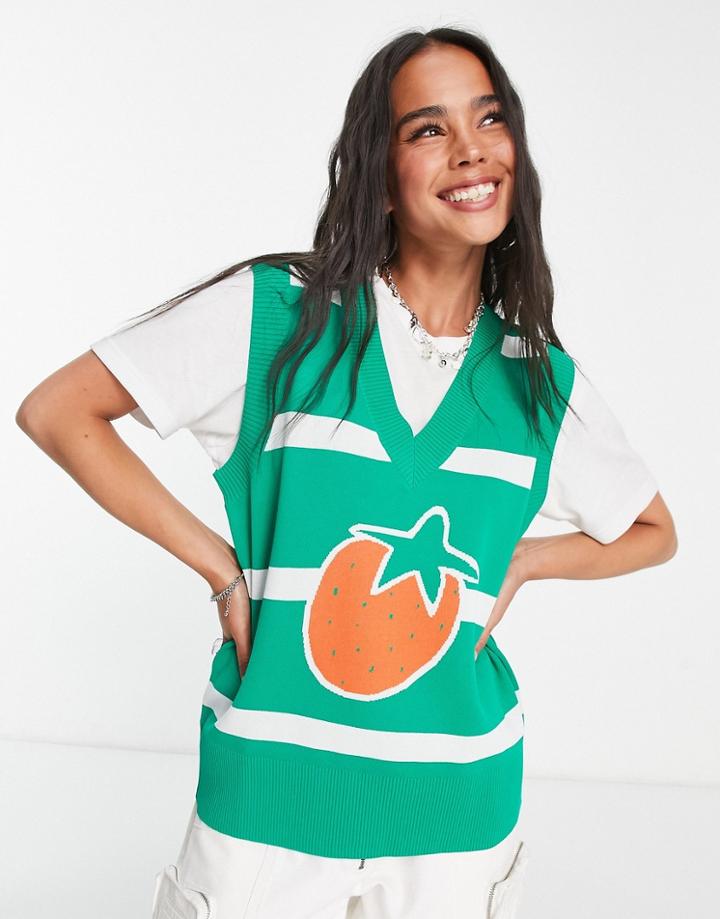 Urban Revivo Knit Vest With Strawberry Motif-green