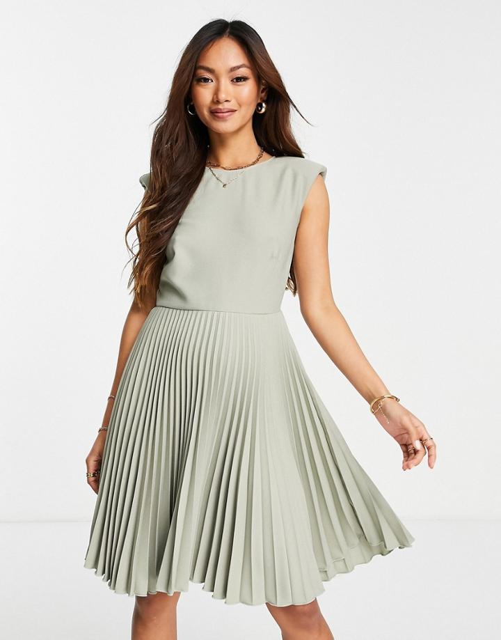 Closet London Pleated Skirt Mini Dress In Olive-green