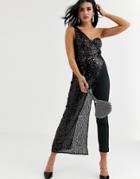 Love Triangle One Shoulder Jumpsuit With Draped Front In Black Glitter