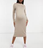 Asos Design Maternity Long Sleeve T-shirt Midi Dress In Taupe-neutral
