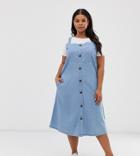 Simply Be Denim Midi Dress With Button Through In Blue - Blue