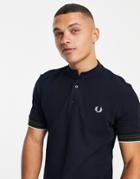 Fred Perry Striped Cuff Henley Polo Shirt In Navy