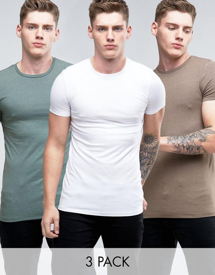 Asos 3 Pack Longline Muscle Fit T-shirt In White/brown Marl/green Marl