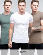 Asos 3 Pack Longline Muscle Fit T-shirt In White/brown Marl/green Marl