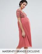 Maya Maternity V Neck Embellished Bodice Dress - Pink