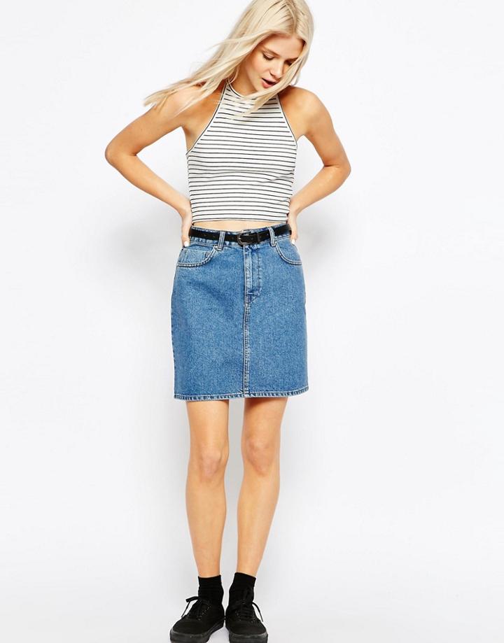 Asos Denim Original High Waisted Mini Skirt In Mid Wash Blue - Midwash Blue