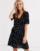 Nobody's Child Lace Up Detail Skater Dress In Mini Heart Print-black