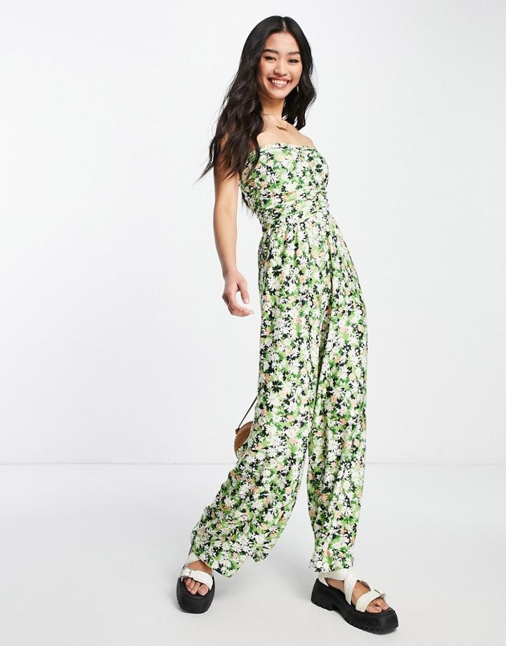 Miss Selfridge Ruched Bandeau Jumpsuit In Green Floral
