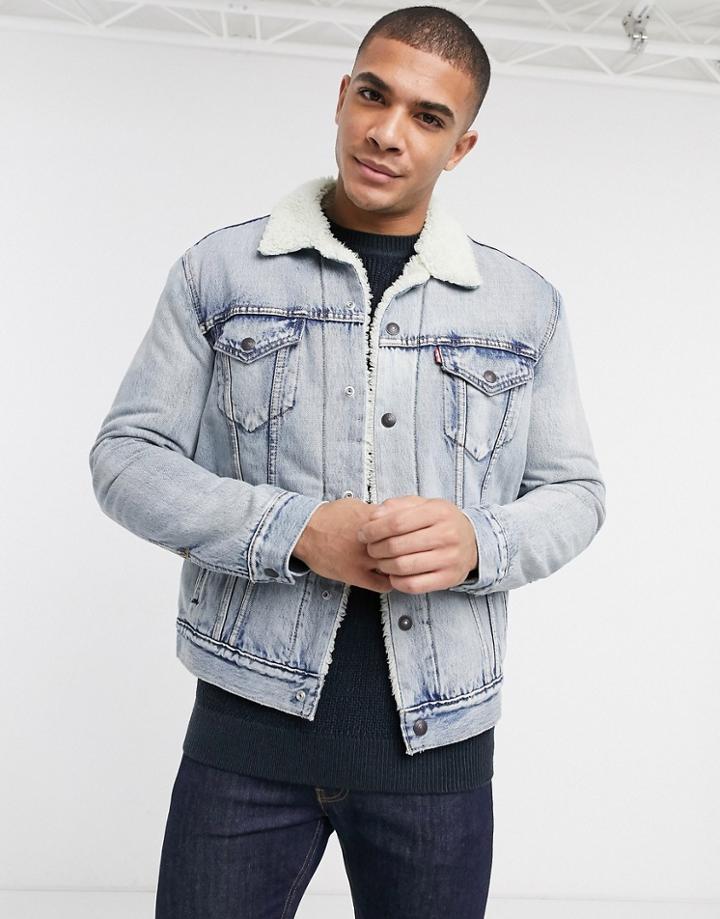 Levi's Type 3 Sherpa Lined Denim Trucker Jacket In Light Wash Blue