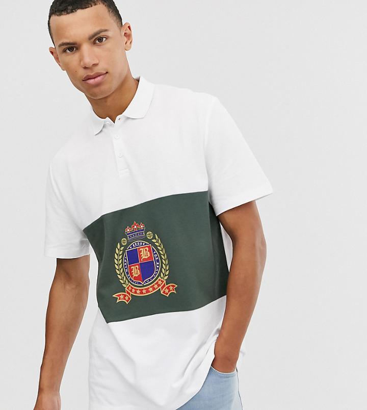 Asos Design Tall Relaxed Polo With Color Blocking And Front Emblem - White