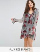 Religion Plus Long Sleeve Rose Print Shift Dress With Ruffle Neck And Hem - Multi