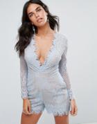 Forever Unique Plunge V Neck Lace Romper - Blue